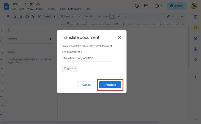 translate pdf chinese to english press the translate button in google docs