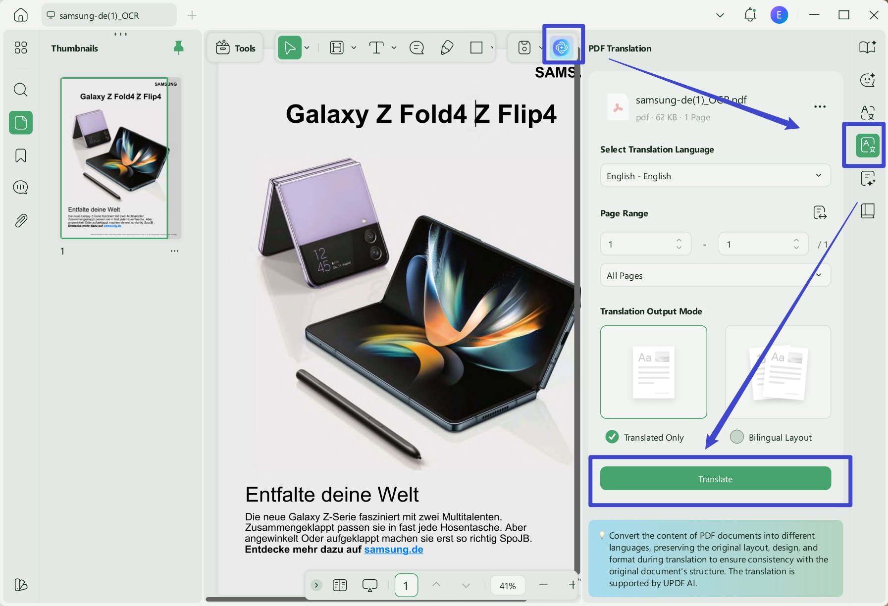 translate pdf from german to english translate button