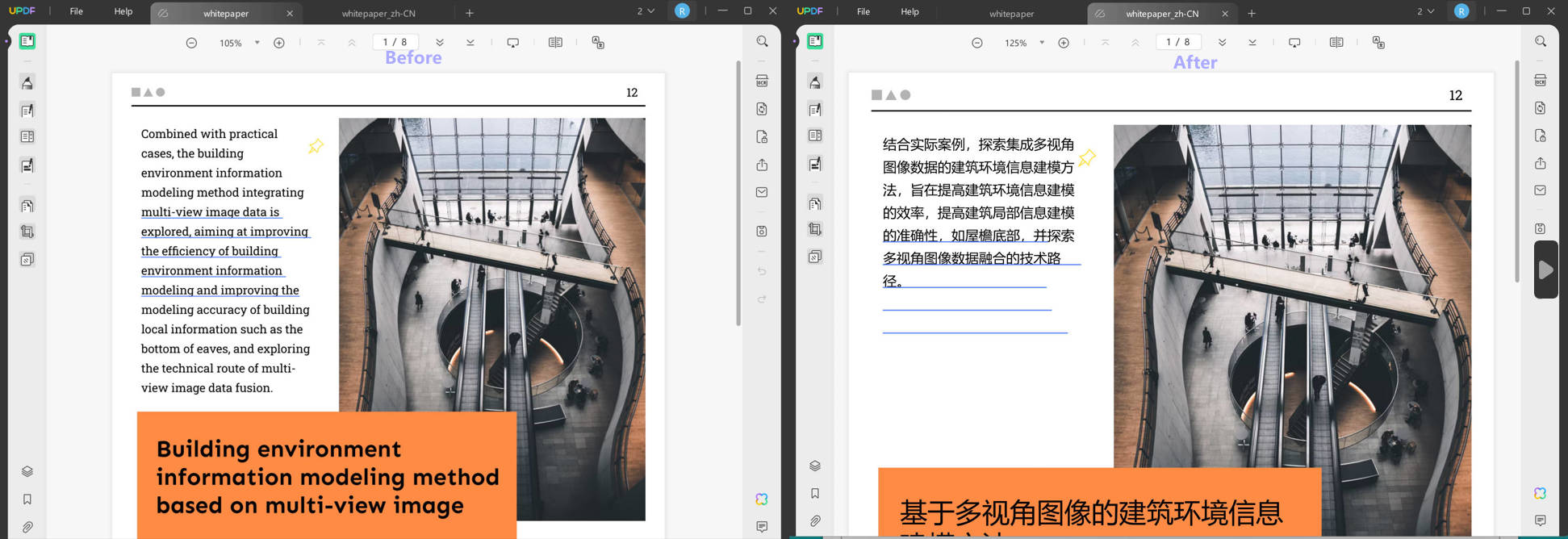The effect of translating english to chinese with UPDF on Windows