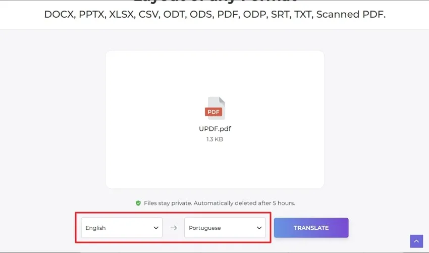 translate pdf english to portuguese select the languages in deftpdf