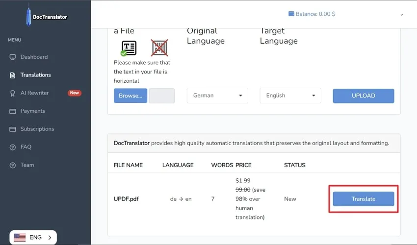 translate pdf from german to english press the translate button in doctranslator