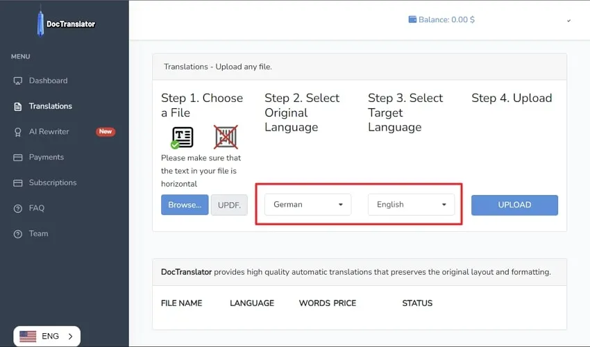 translate pdf from german to english choose original and target language in doctranslator