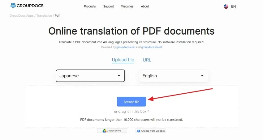 PDF von Japanisch nach Englisch übersetzen das japanische PDF in Groupdocs hochladen