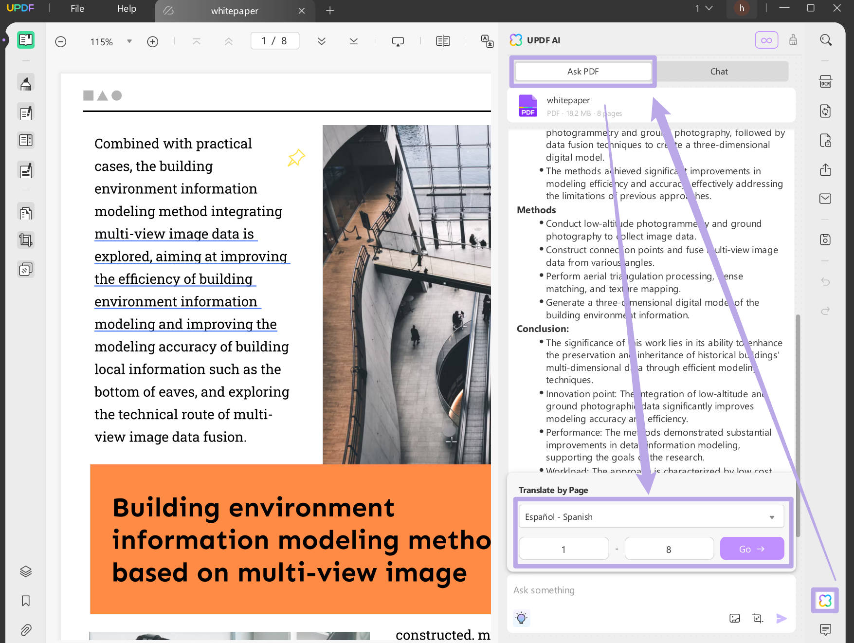 Translate PDF by pages with UPDF on Windows to Spanish