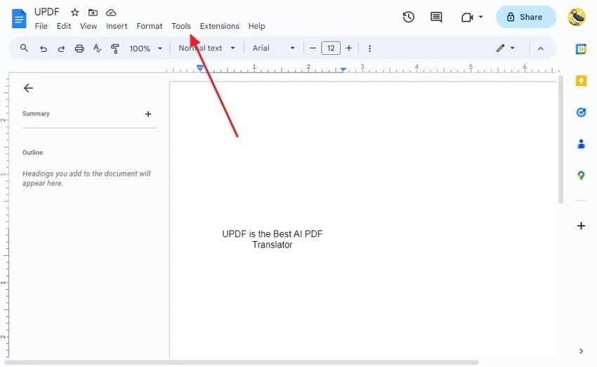 translate pdf english to german access the tools tab in google docs