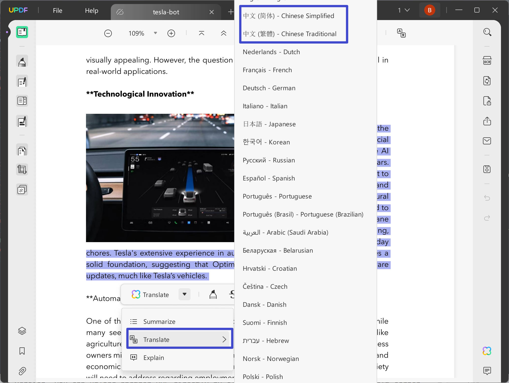 Translate PDFs into Chinese with UPDF's "Select Text to Translate" Feature