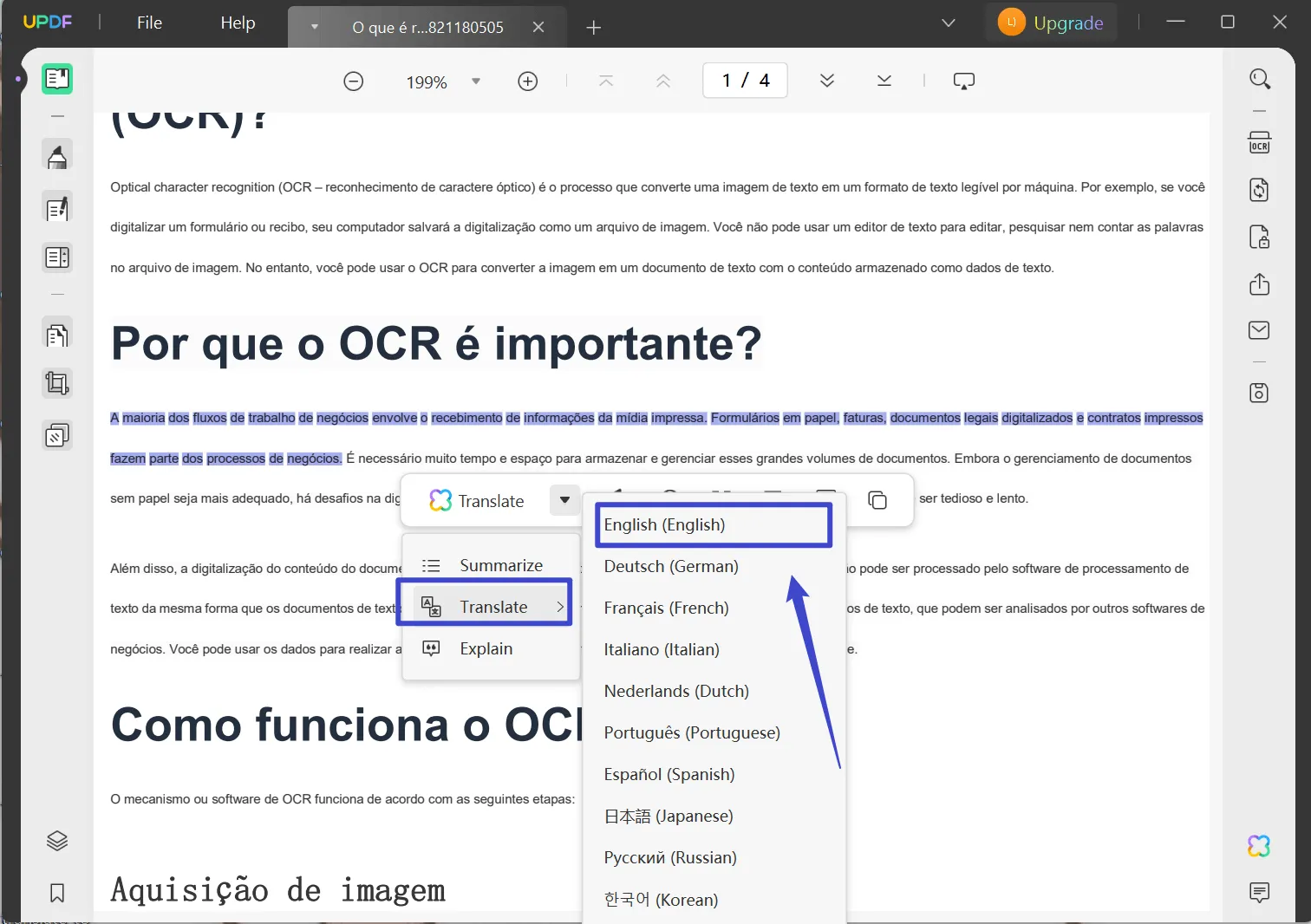 translate portuguese to english pdf with updf