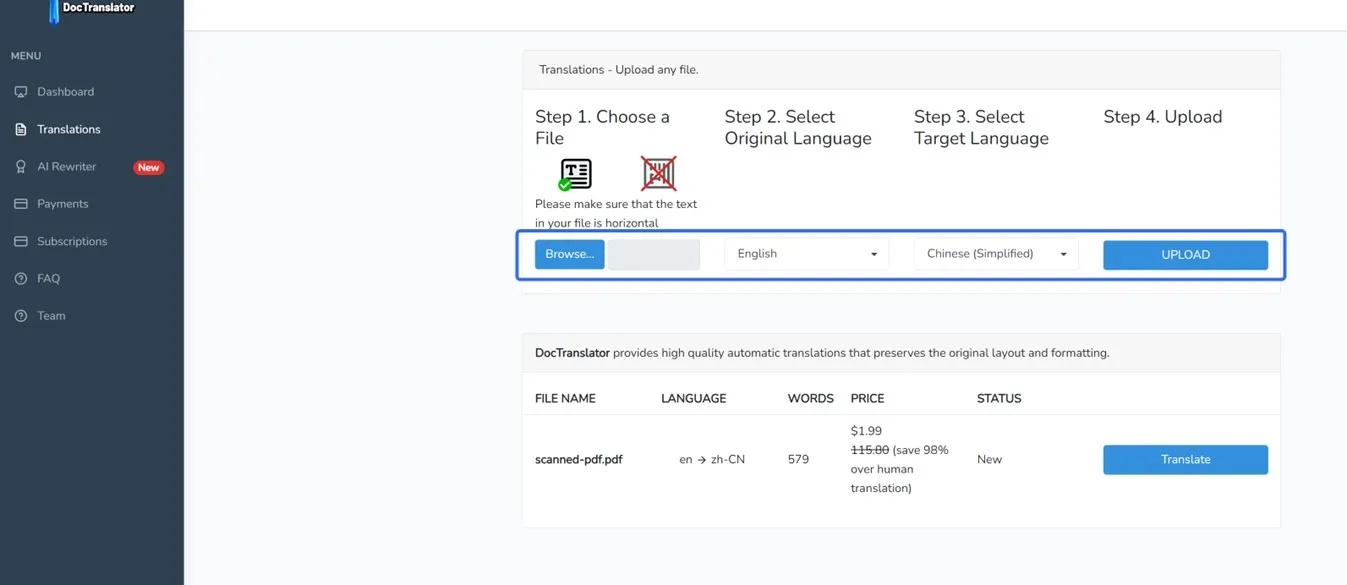 Upload the PDF to Translate Scanned PDF Online Via Doctranslator