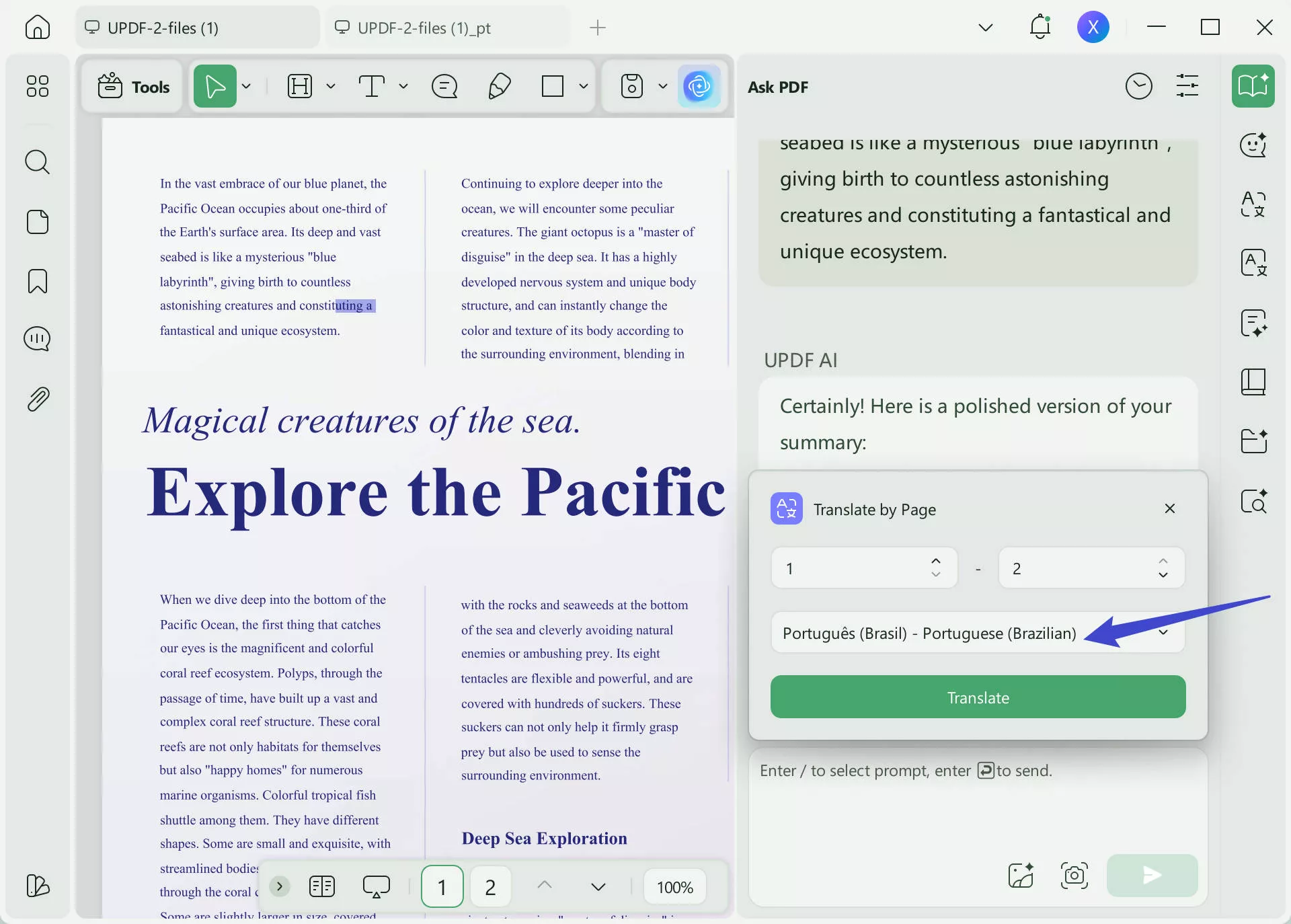 select the prompt to translate English PDF to Portuguese with UPDF on Windows