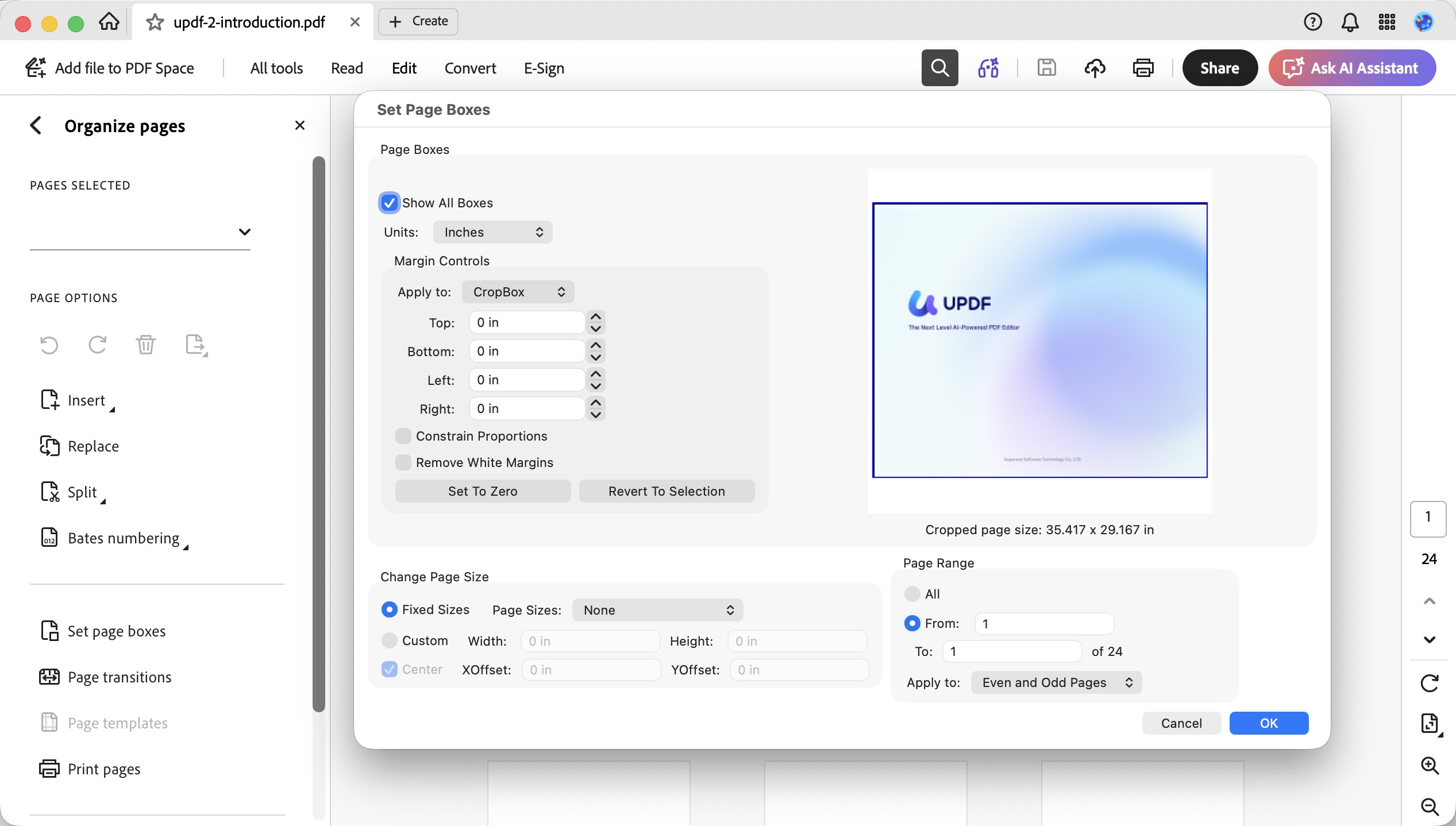 acrobat set page boxes control