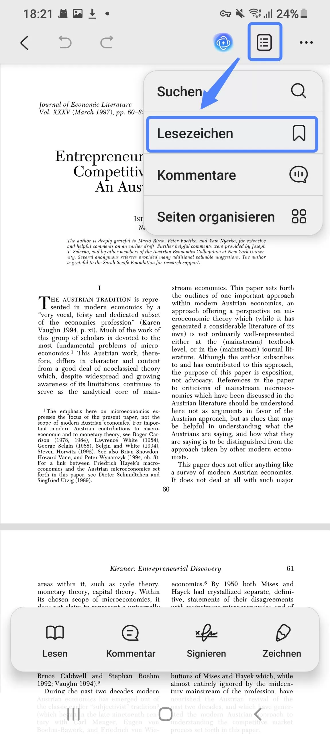 Tippen Sie im Dropdown-Menü auf das Lesezeichensymbol