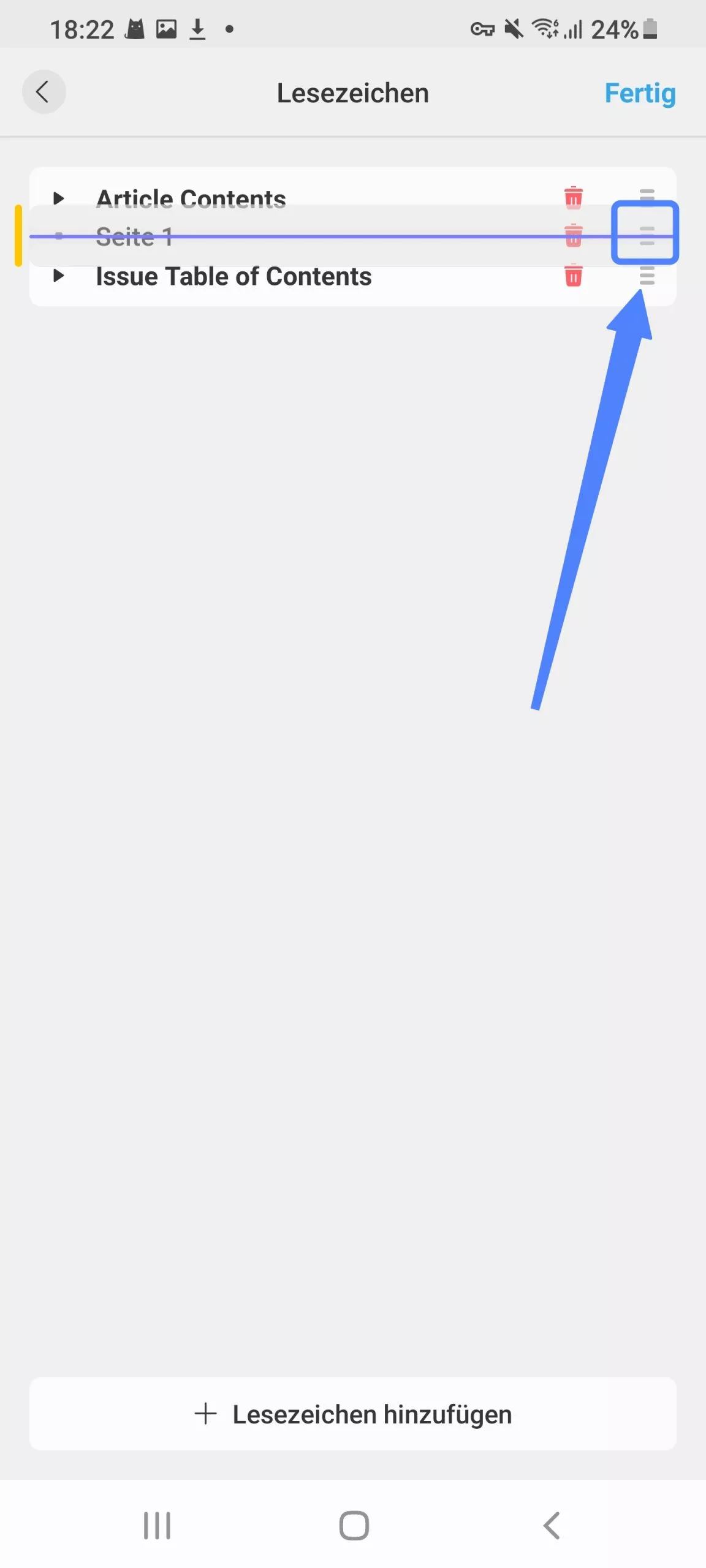 Lesezeichen per Drag & Drop durch Gedrückthalten der Schaltfläche „≡“