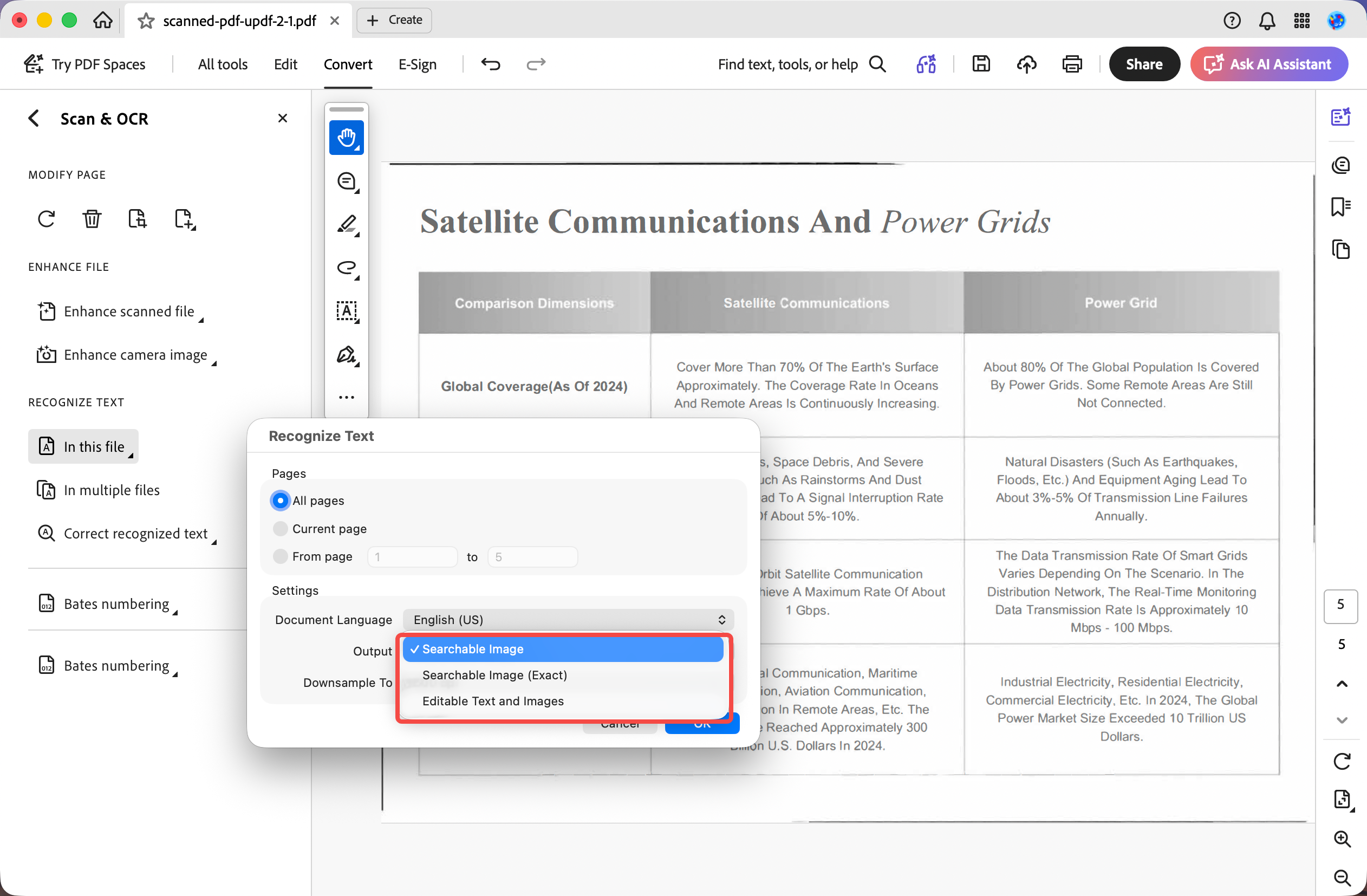 adobe acrobat ocr pdf output mode