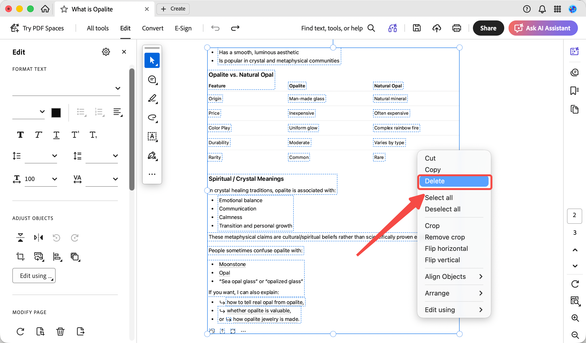 adobe acrobat select all text blocks to detele