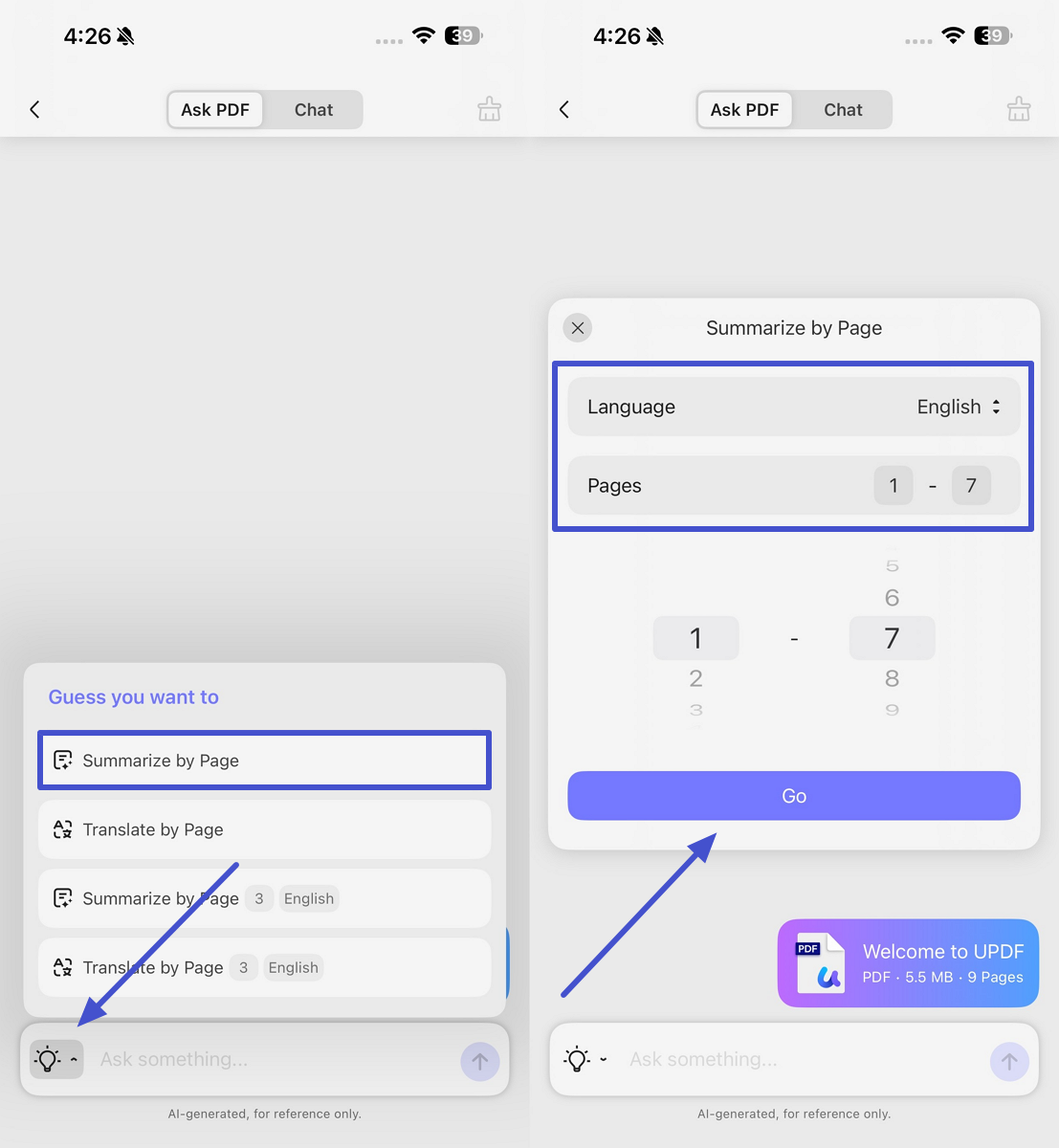 summarize text by page number