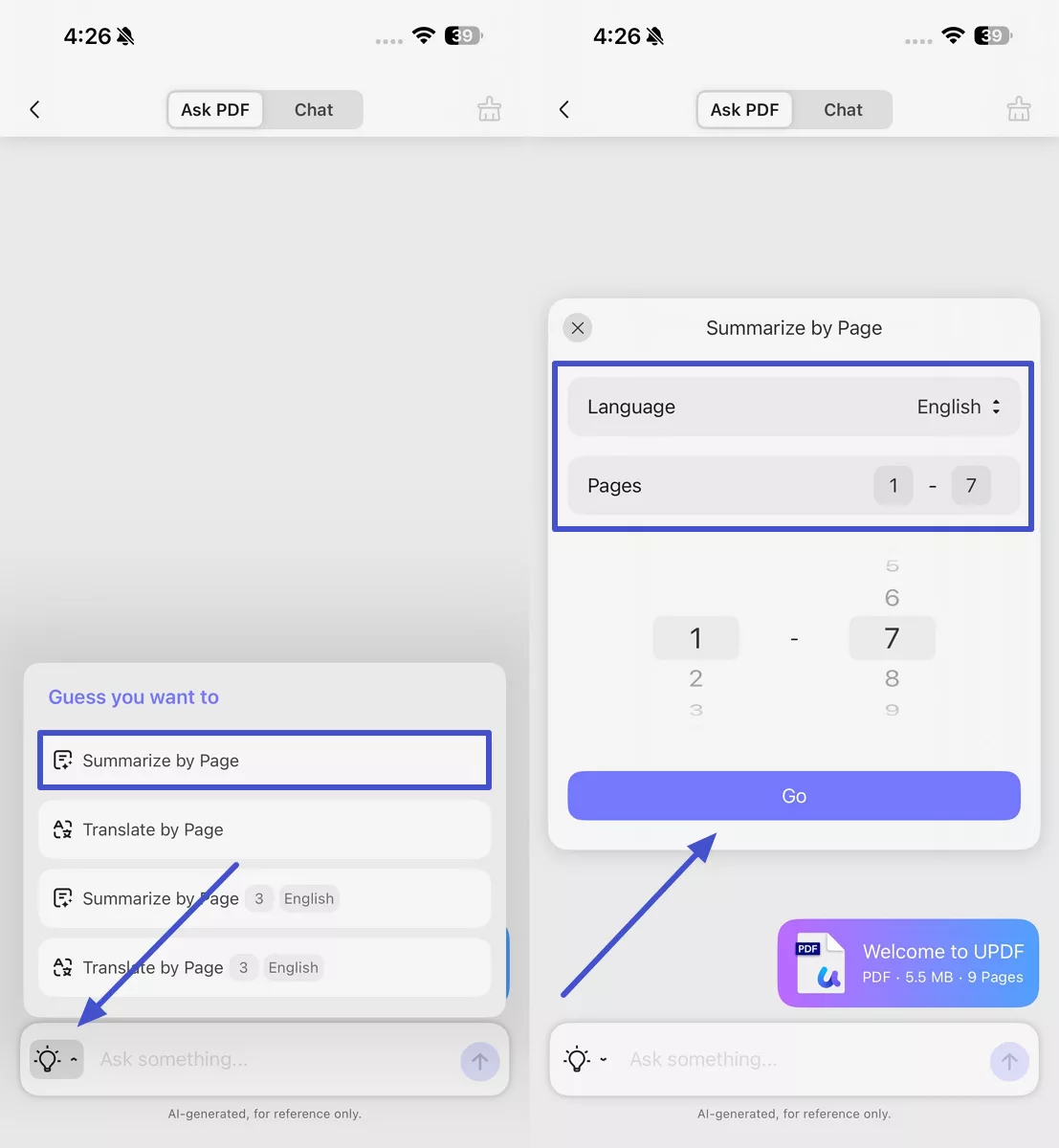 summarize text by page number