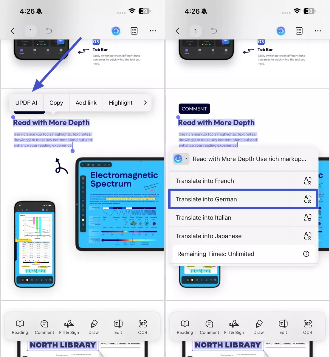 translate text after selecting content
