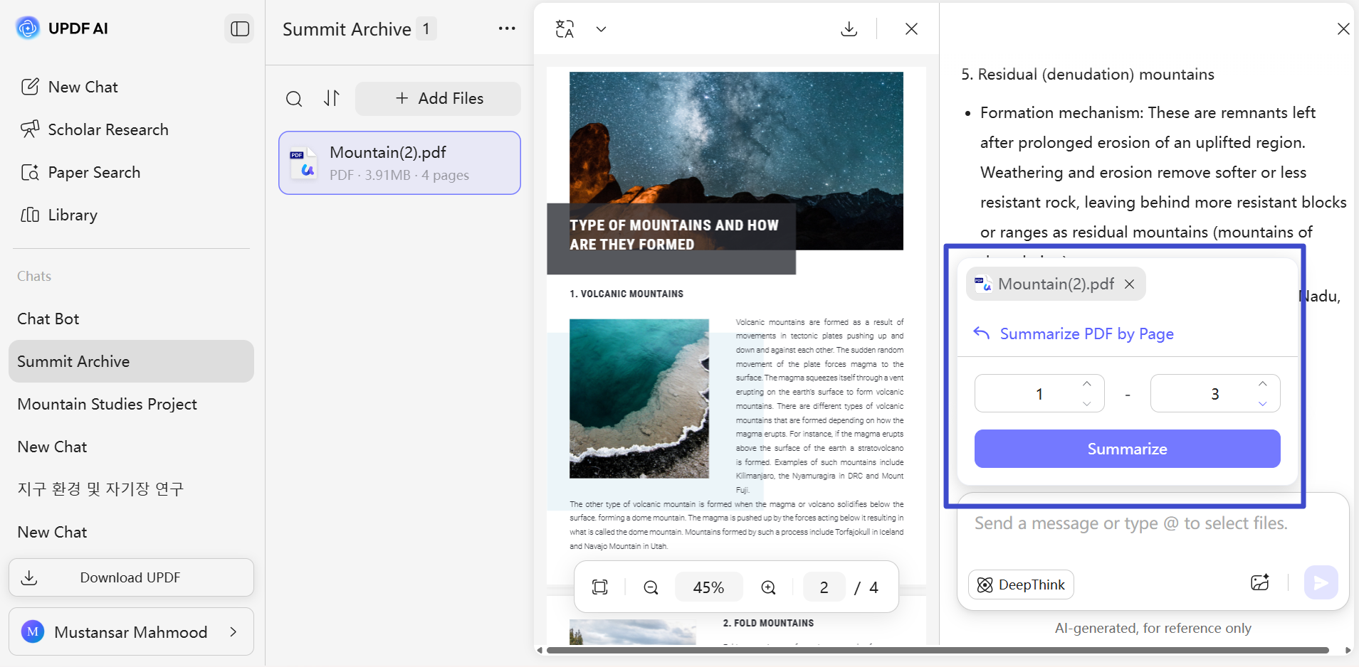select page range for summarization