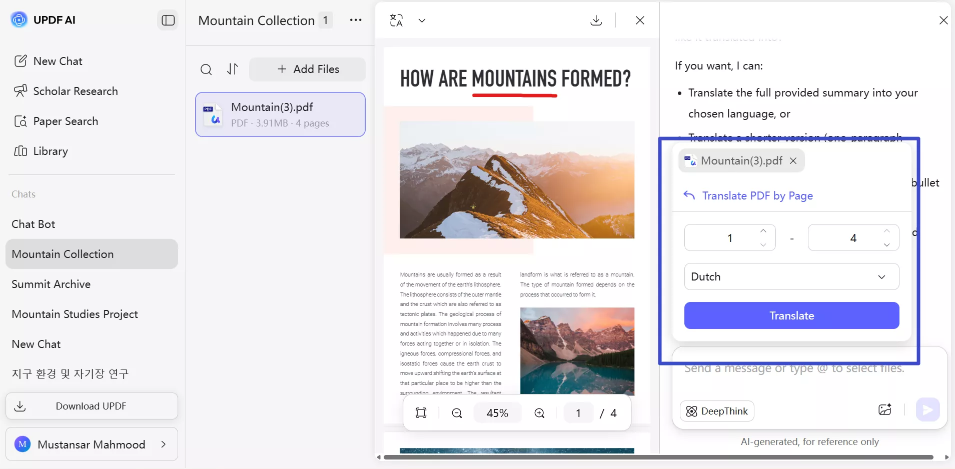 select translation language and page range