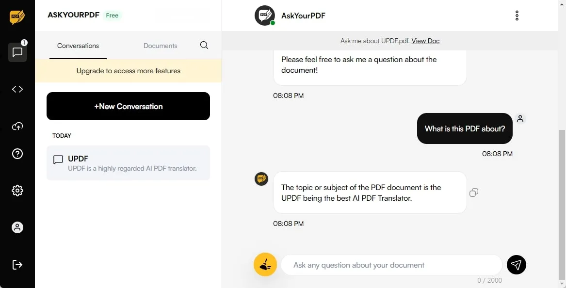 askyourpdf chat assistant interface