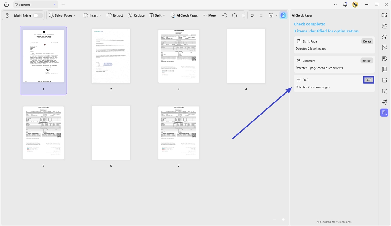 select ocr button for scanned pages
