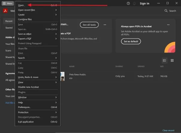 choose open option in adobe acrobat