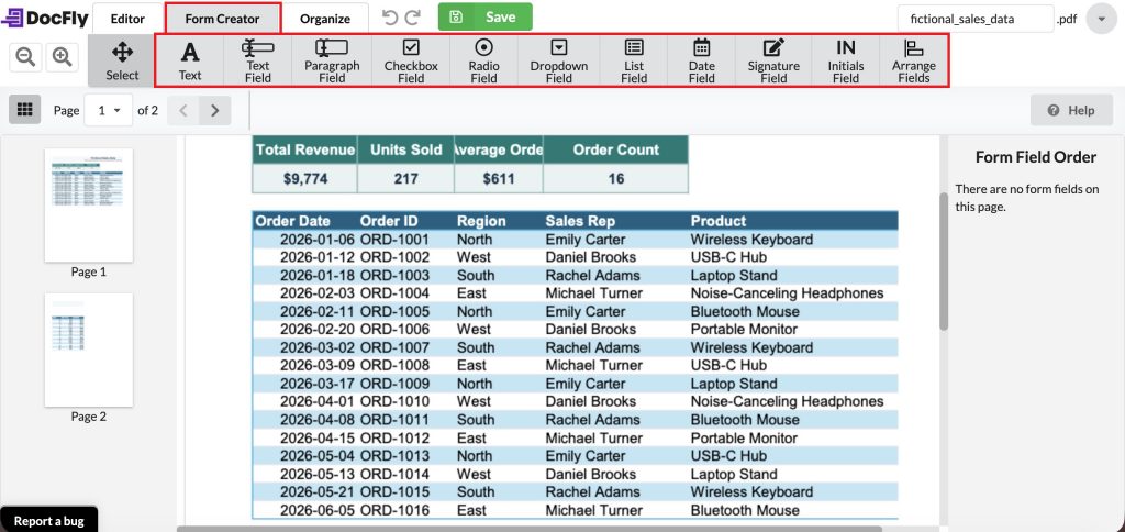 click the converted pdf on docfly and edit the form