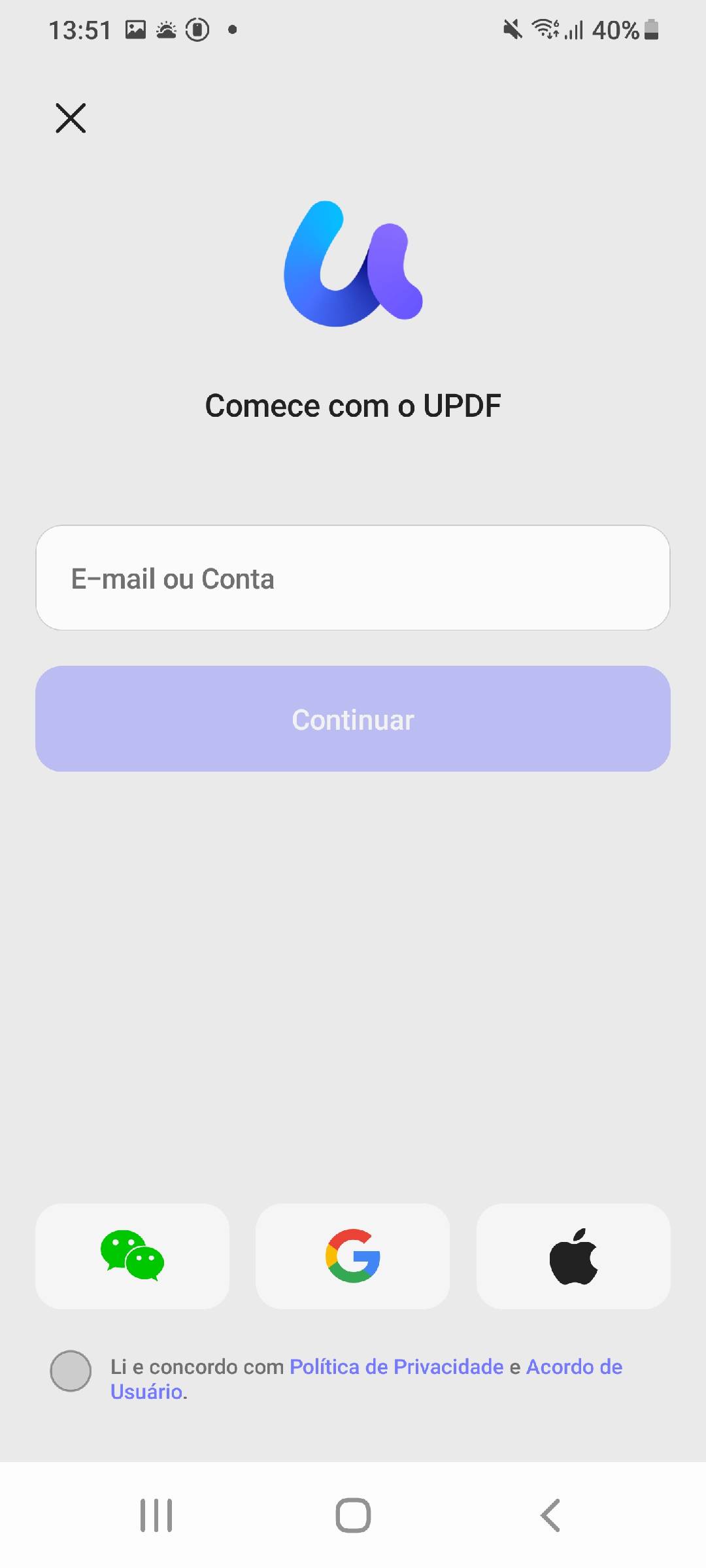 comece com o updf