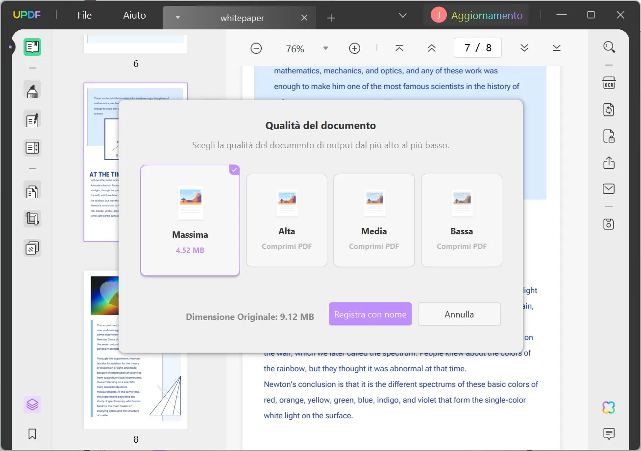 Seleziona la dimensione del file dopo la compressione