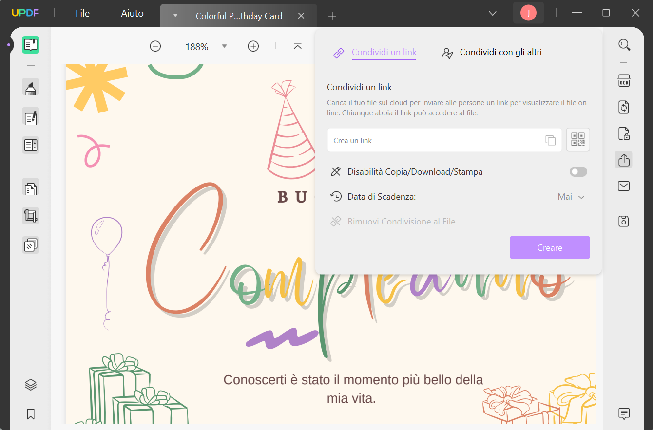 Condividi il biglietto di auguri PDF tramite il suo link