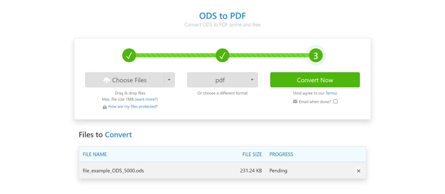 Convertir ODS en PDF en ligne avec ZAMZAR
