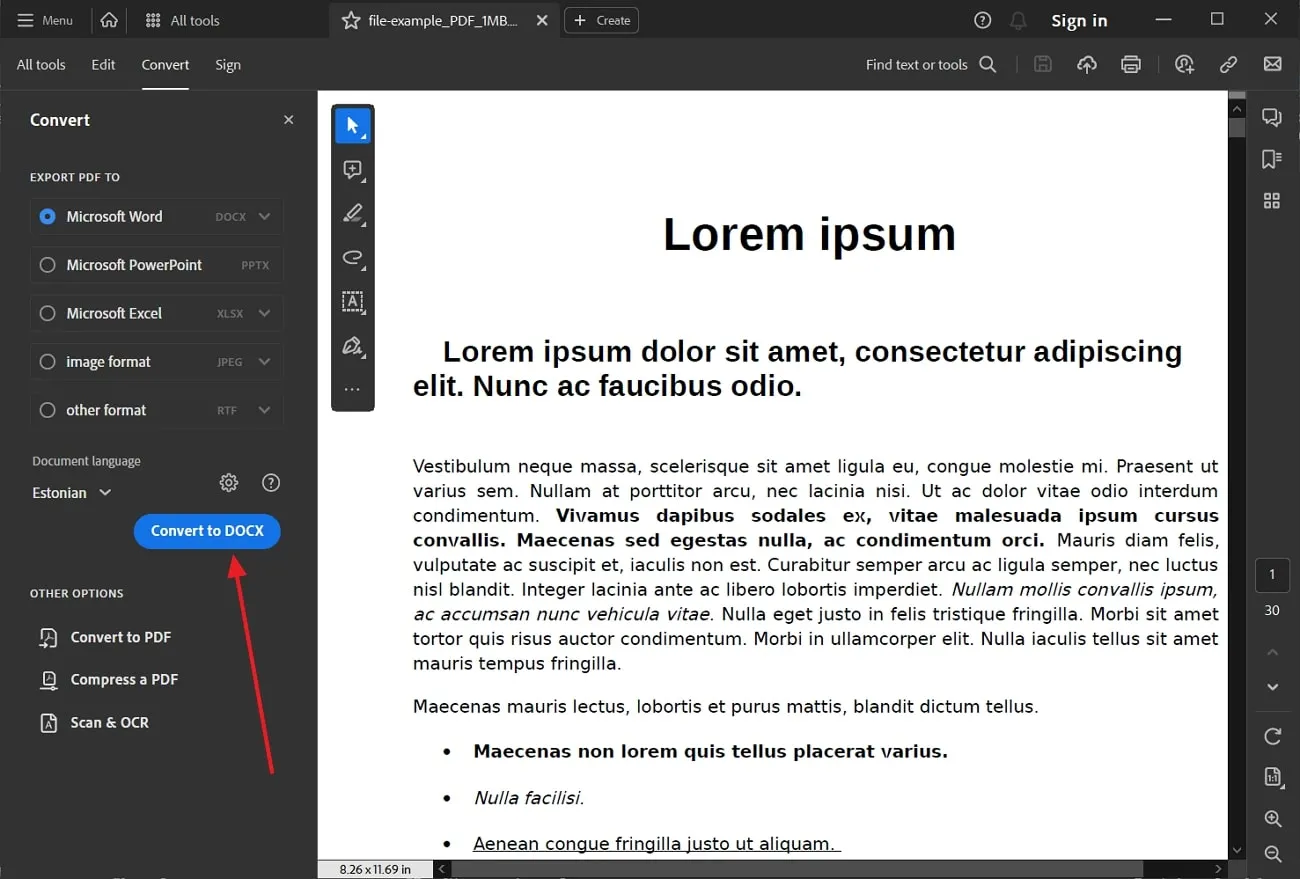 press convert to docx button in adobe acrobat