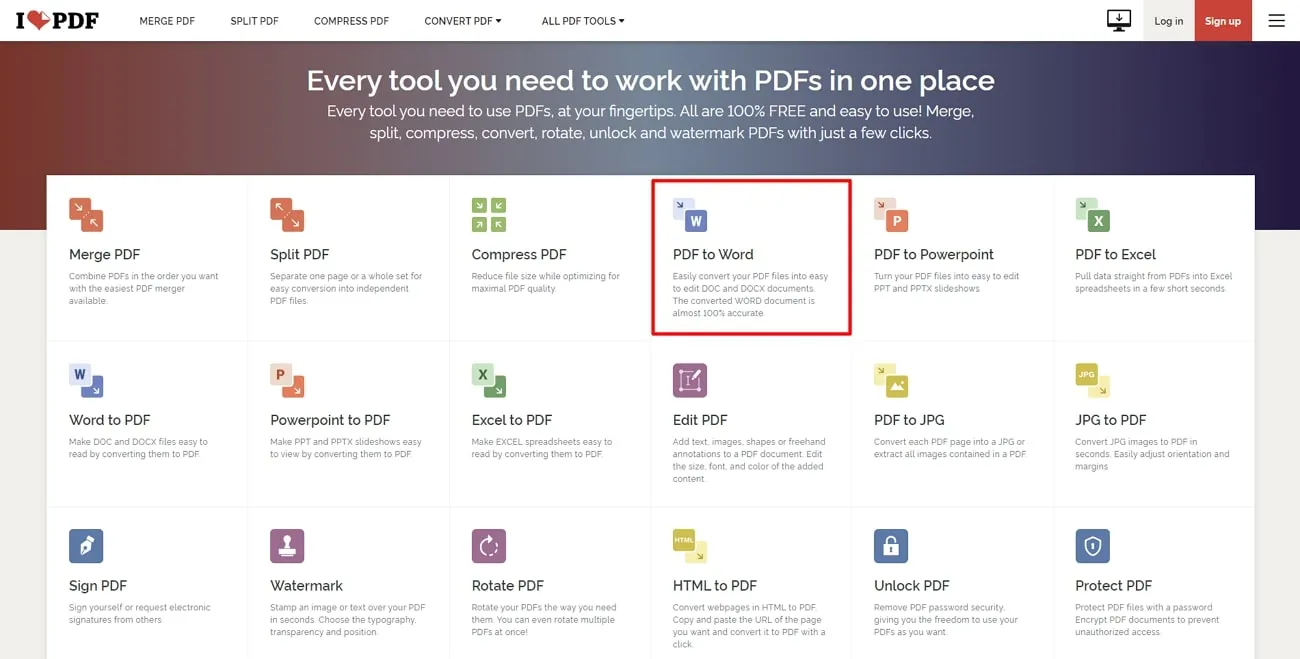 seleccione la opción de pdf a word en ilovepdf