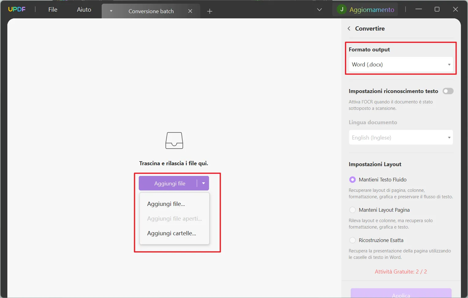 Aggiungi tutti i file PDF e convertili in Word