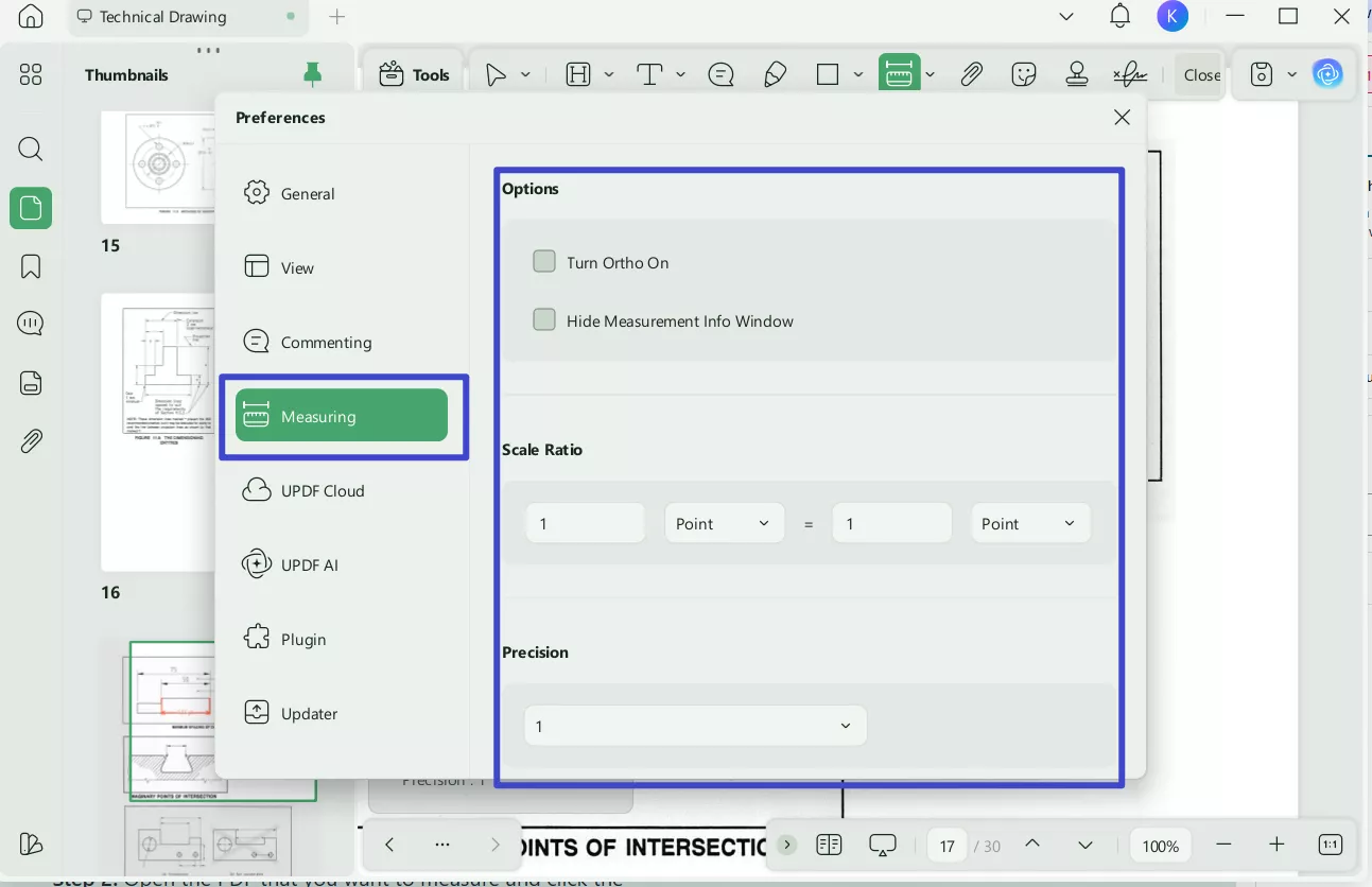 customize updf measure preferences