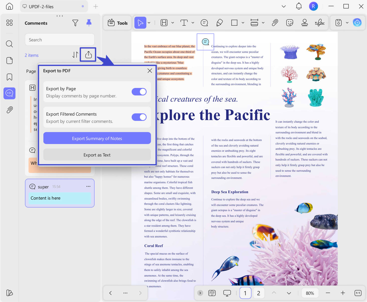 Export the comments to pdf with updf on windows