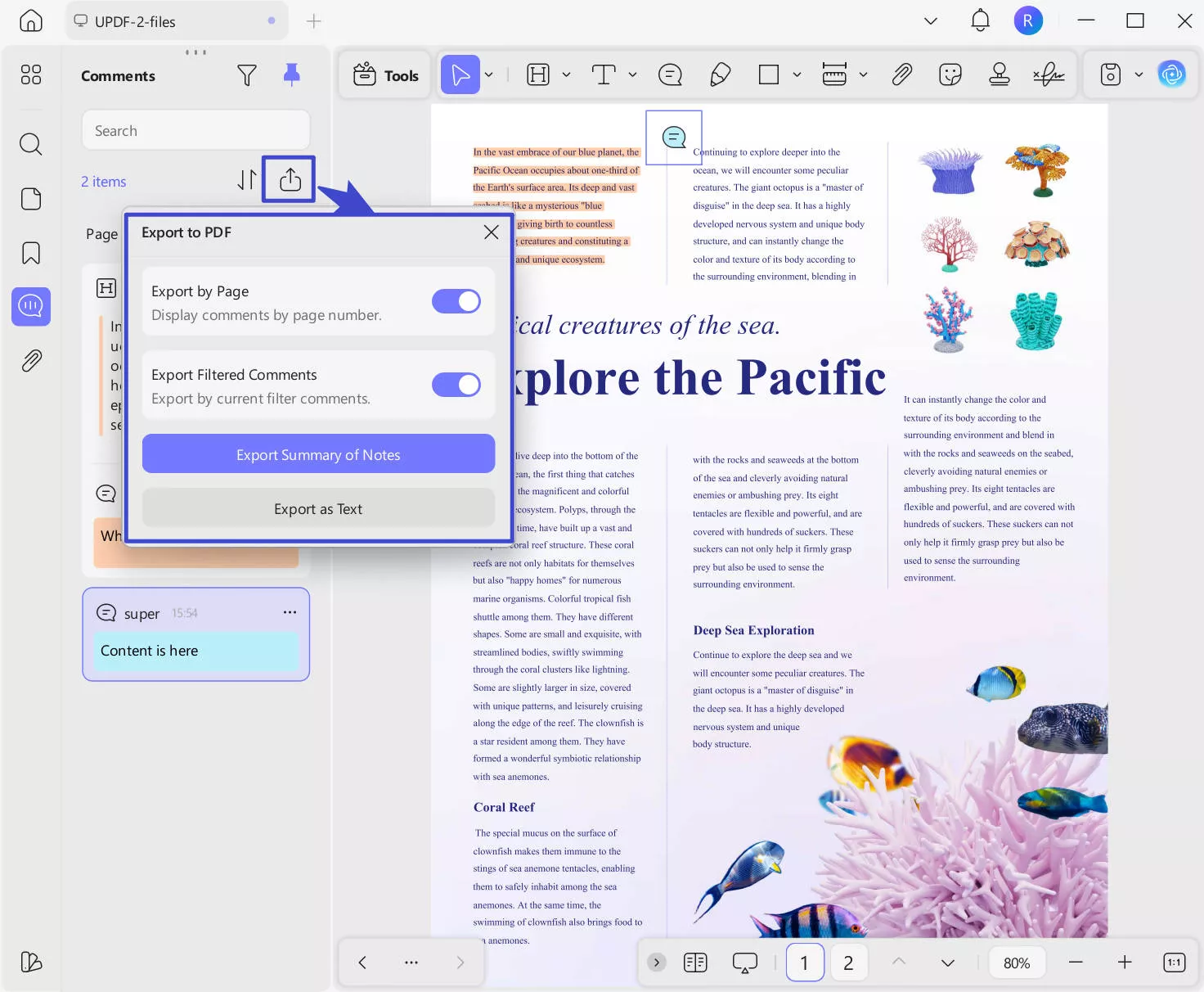 Export the comments to pdf with updf on windows