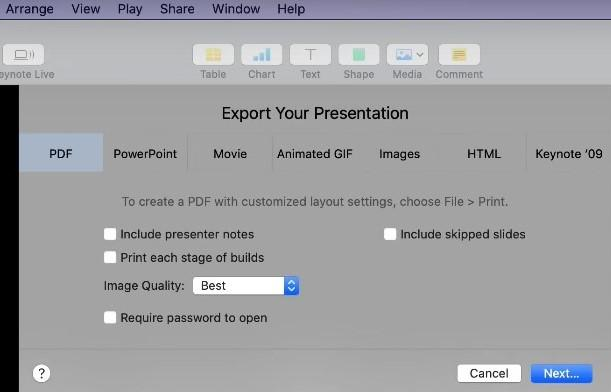 Esporta il file Keynote in PDF su Mac