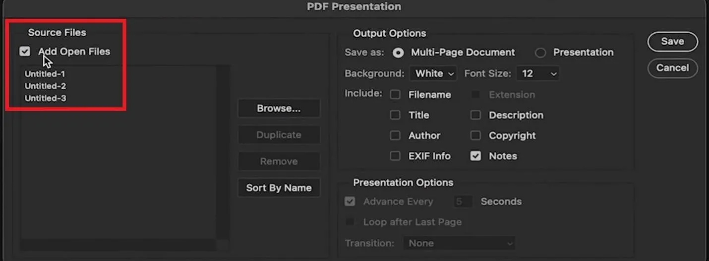export multi-page psd to pdf on mac with photoshop add open file
