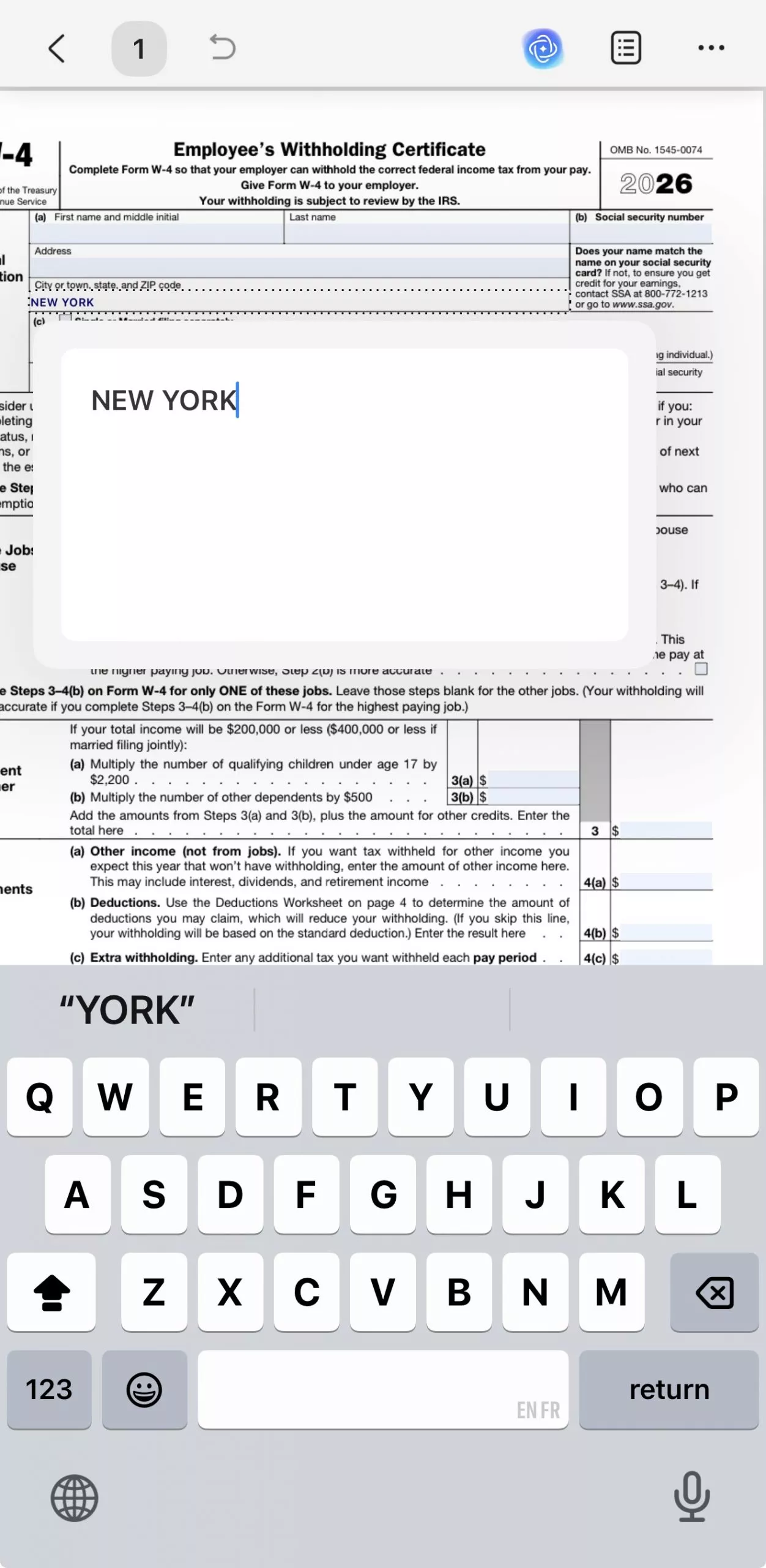 fill form w4 on updf mobile