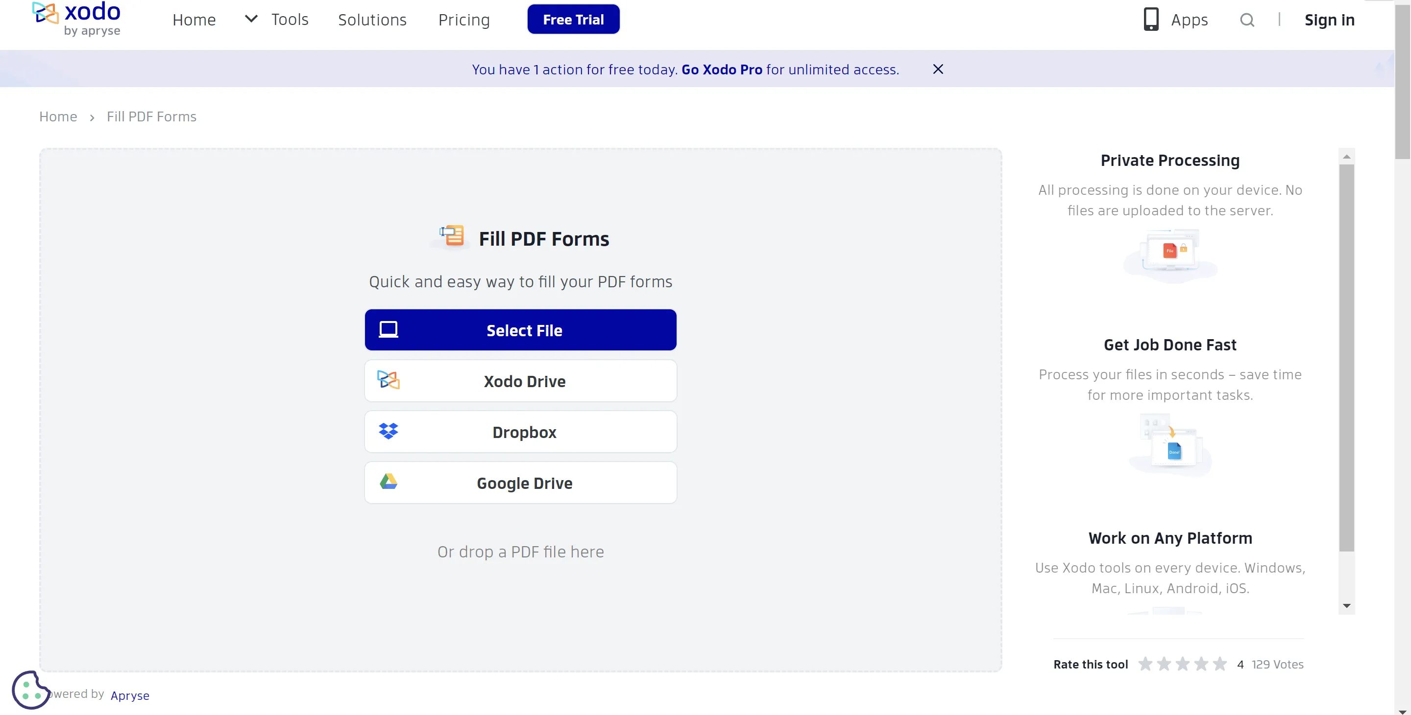 Xodo PDF filler online user interface