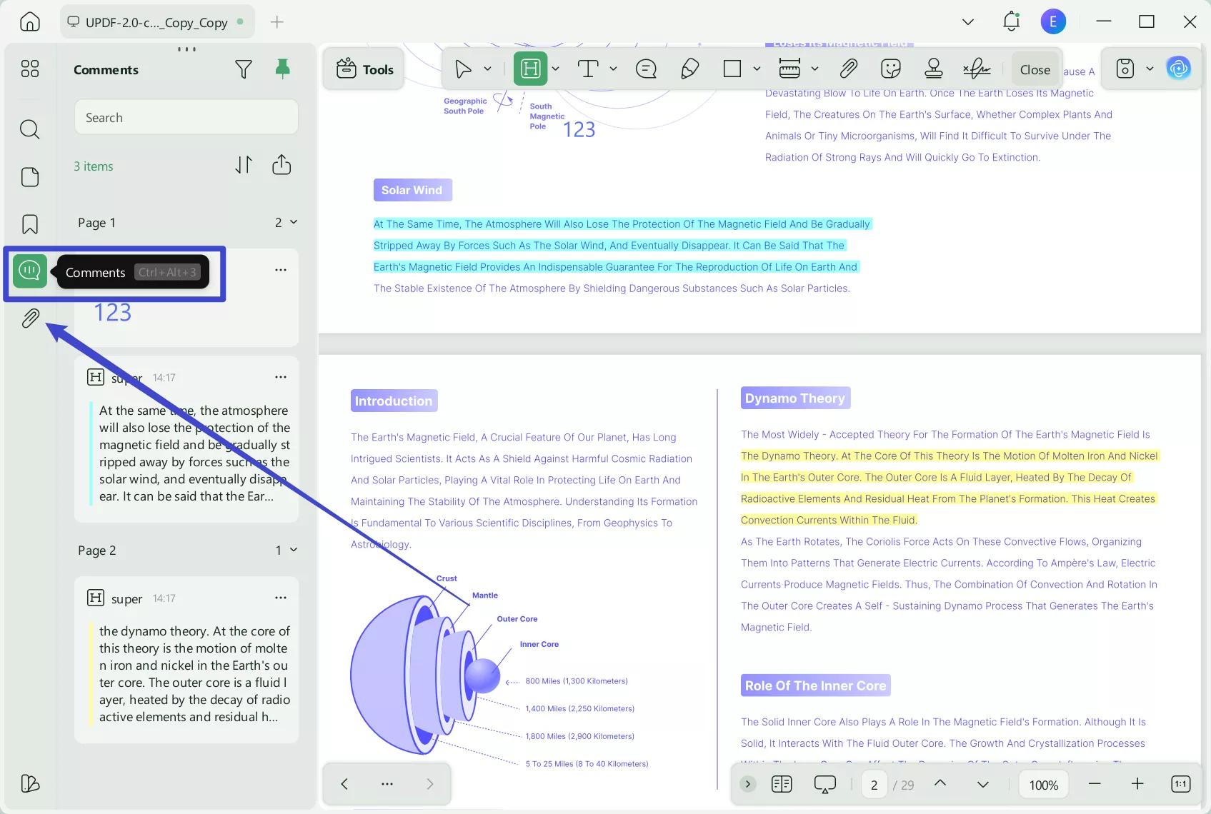 how to find highlighted text in pdf view comment