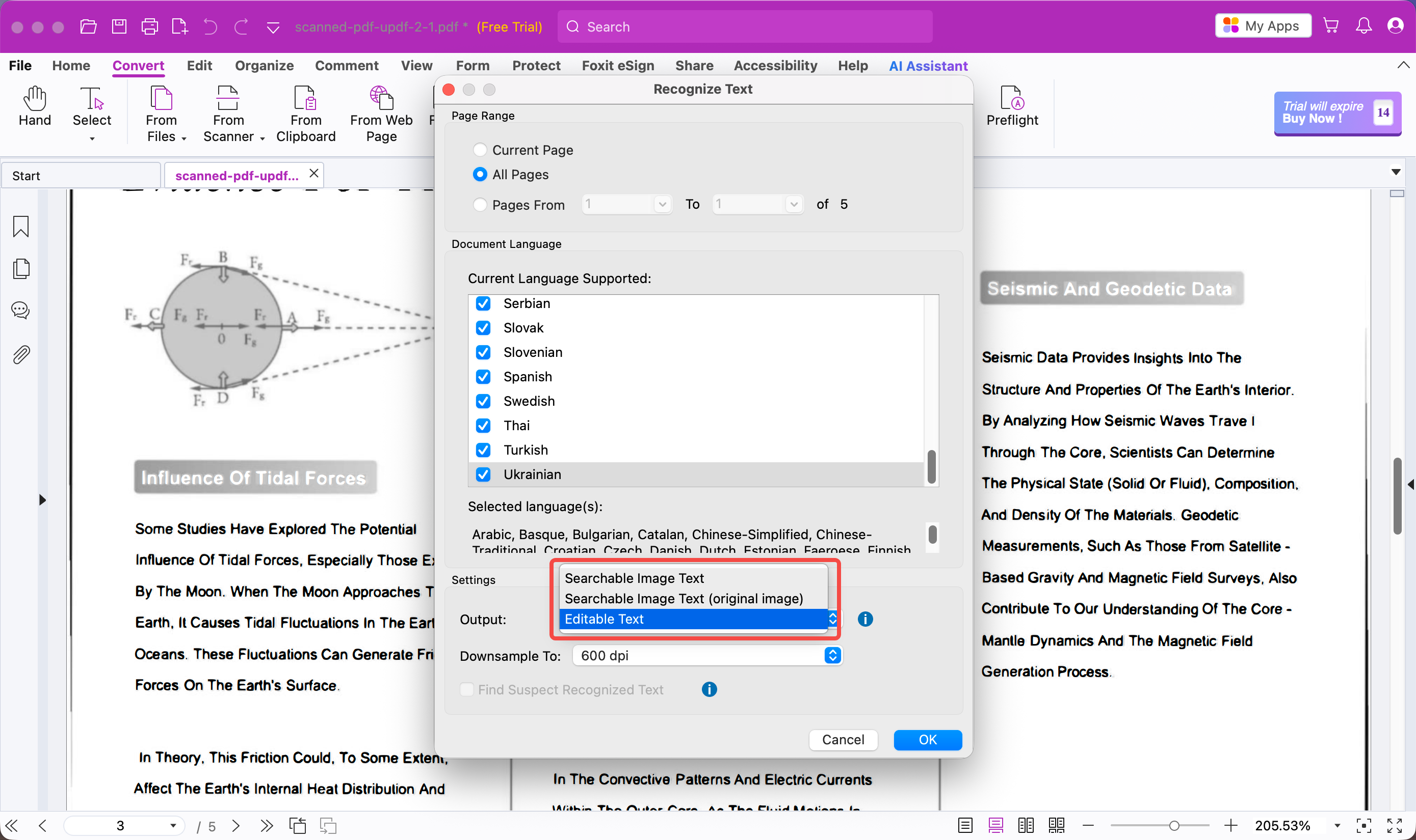 foxit pdf editor ocr supported languages