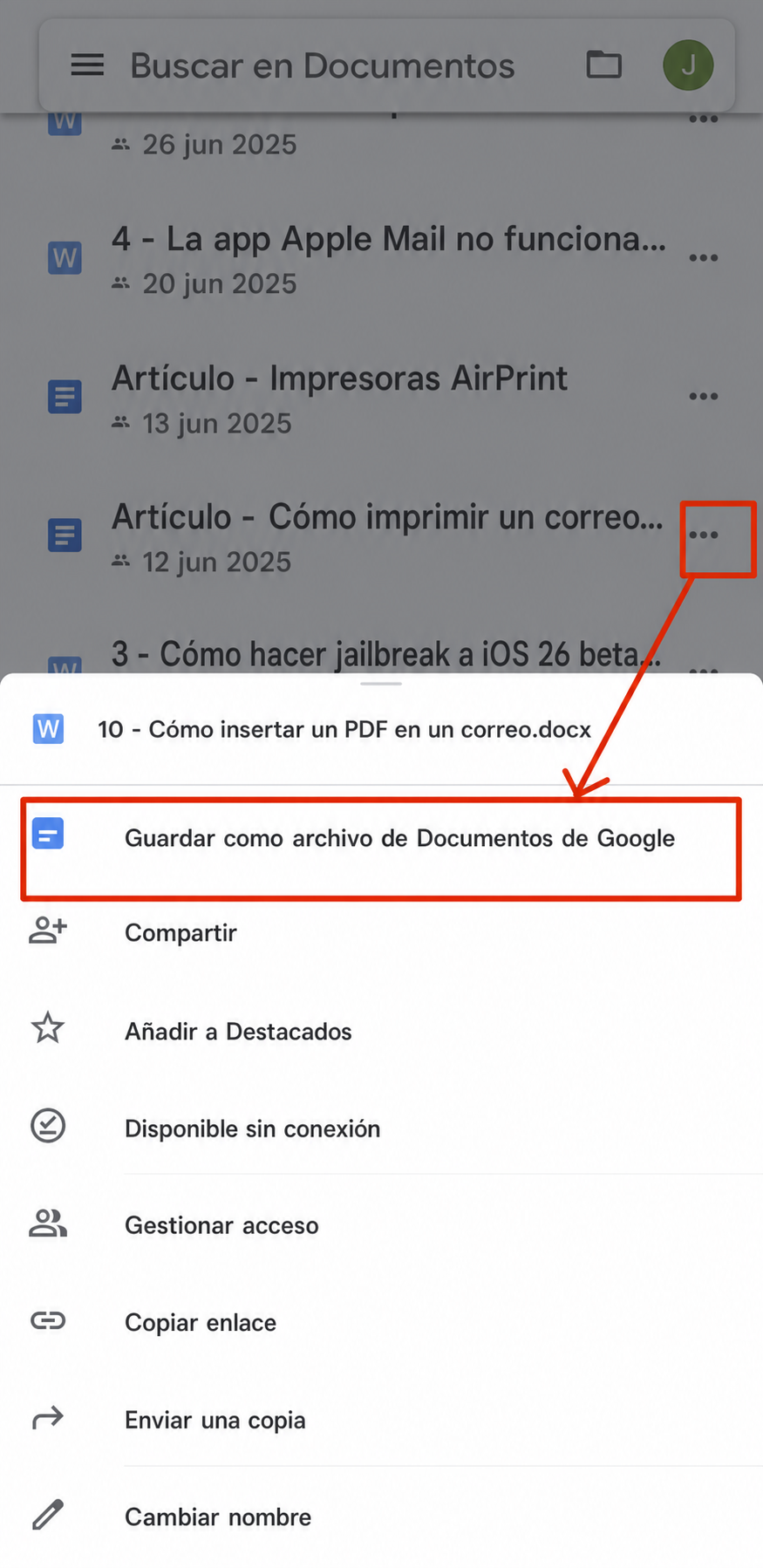 Guardar un DOCX como Documento de Google desde el móvil