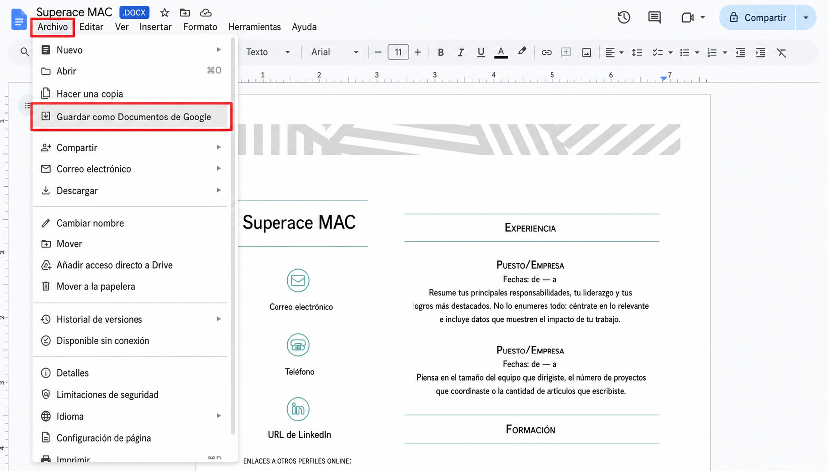 guardar documento como documento de google