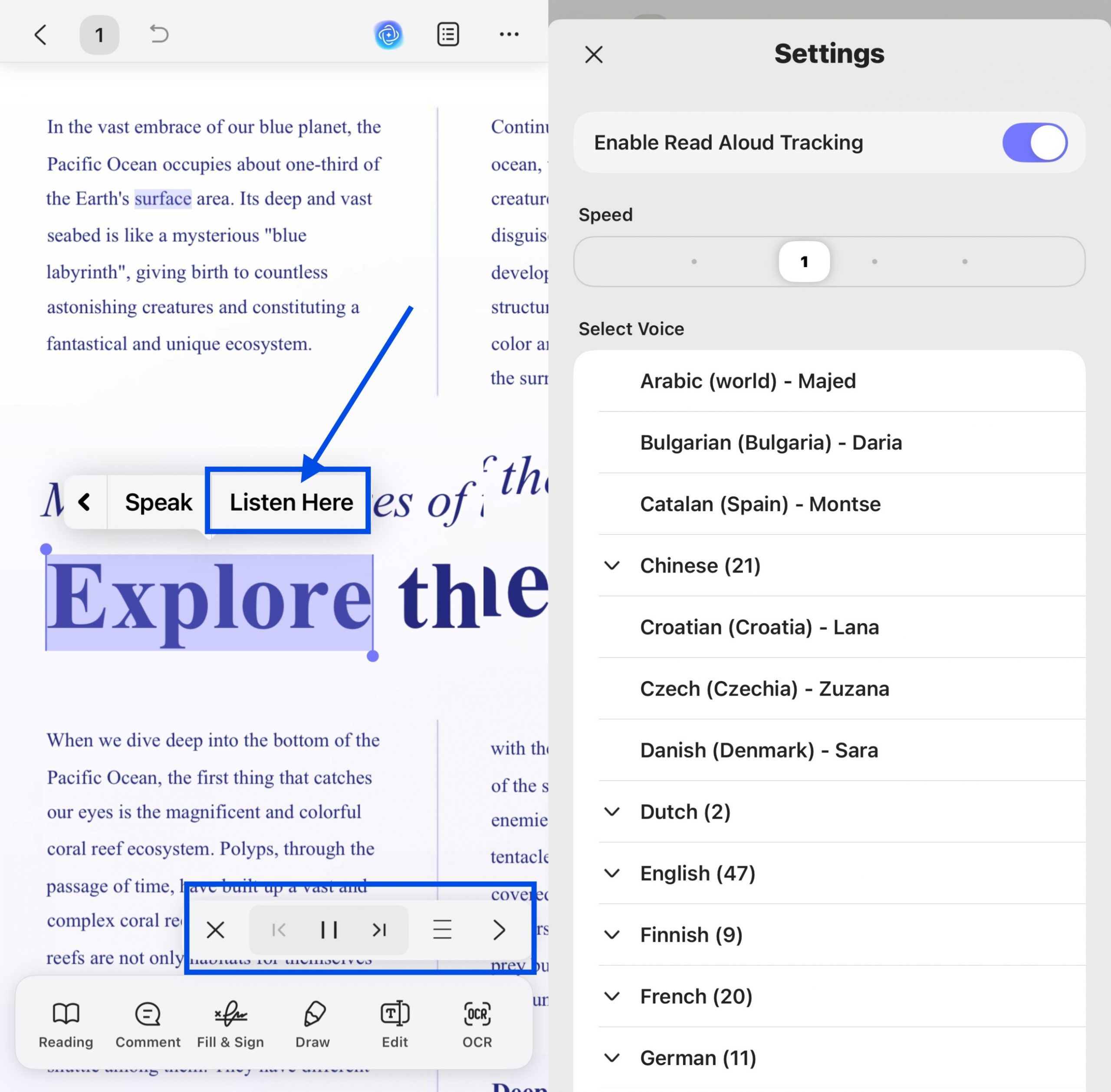 read aloud on updf ios
