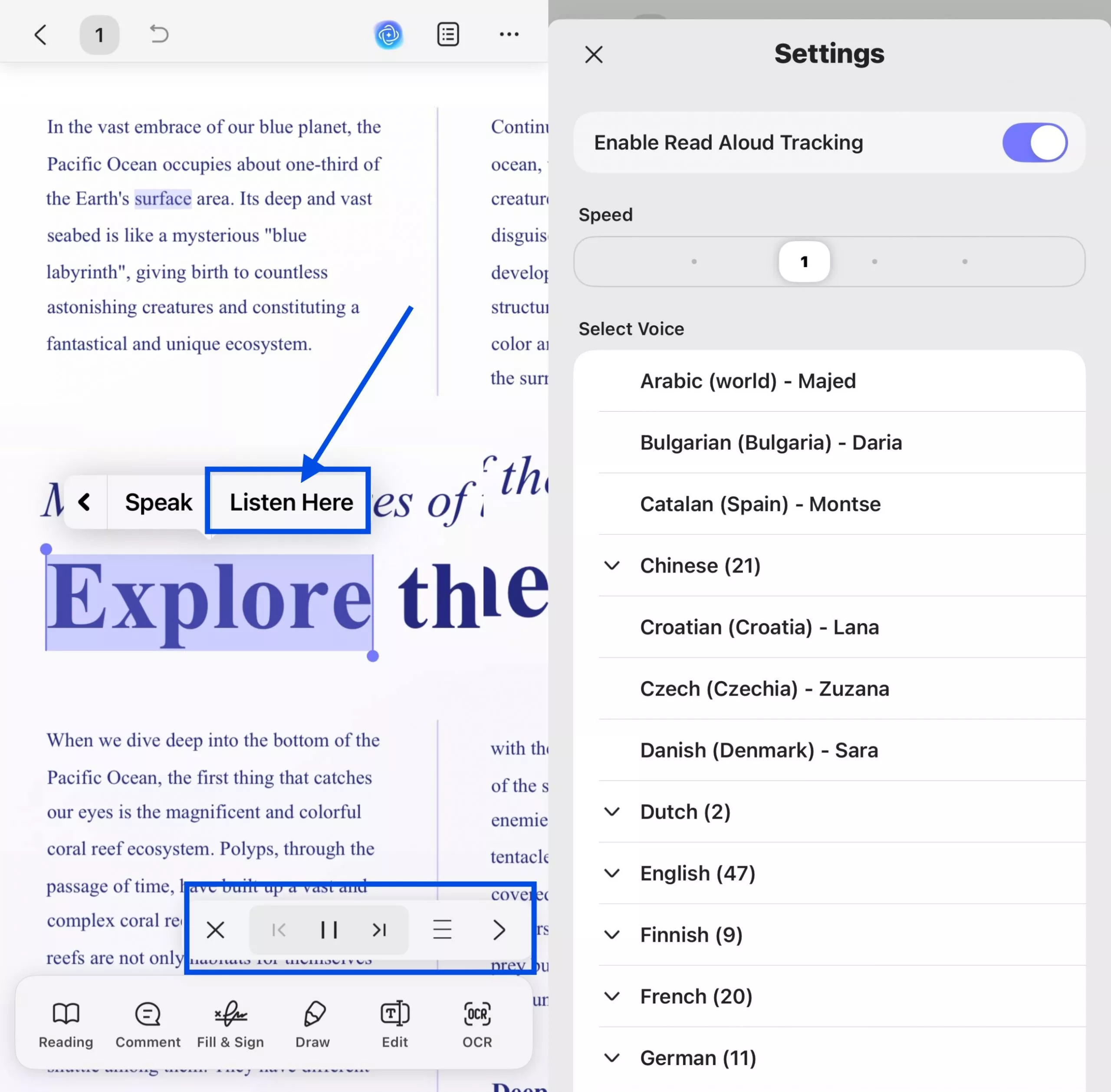 read aloud on updf ios