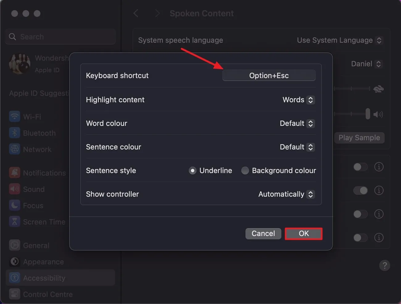mac read pdf aloud set the keyboard shortcut key
