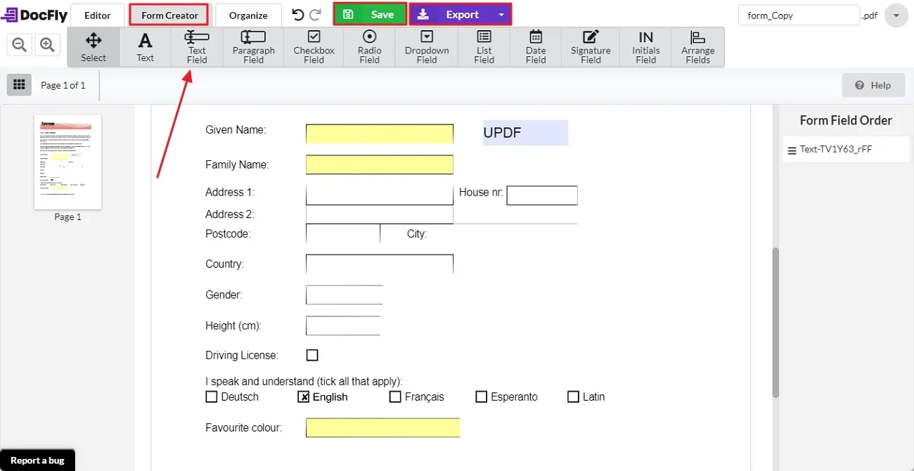 make a form and export it docfly