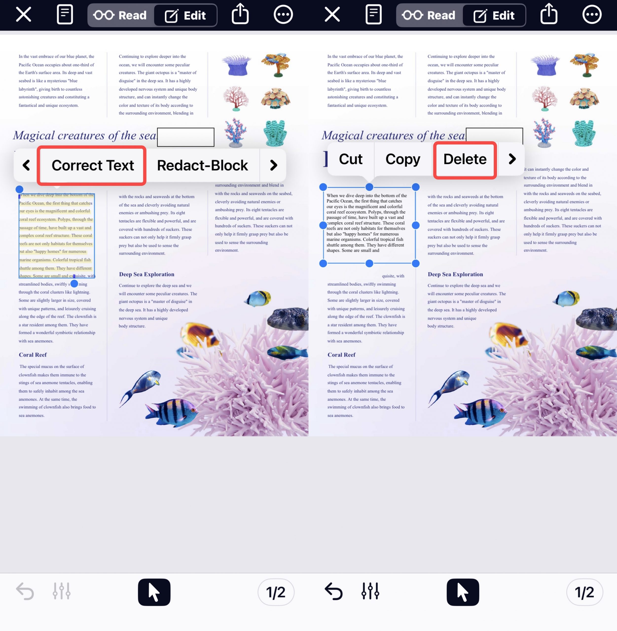 nitro pdf editor ios app detele text
